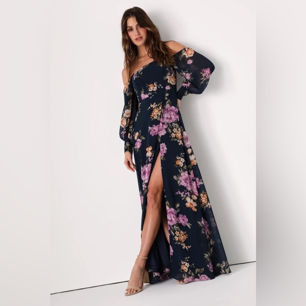 Lulus Navy Blue Floral Off-the-Shoulder Maxi Dress